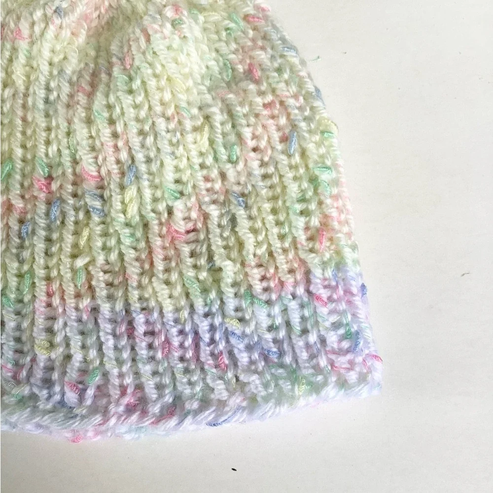 Baby Beanie Hat Hand Crafted Yellow White PomPom Knit